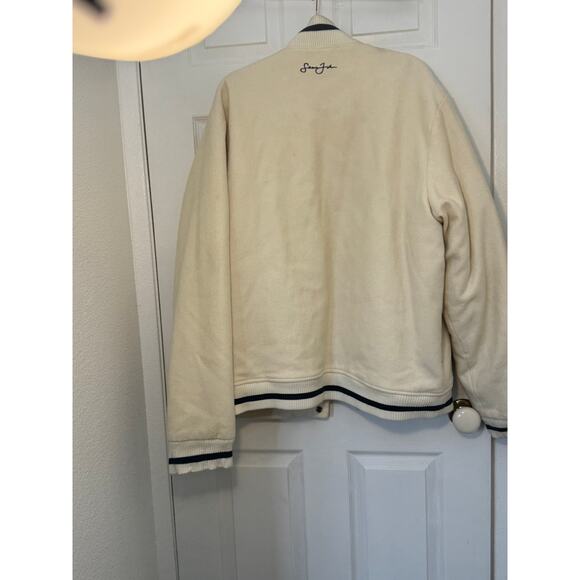 Sean John Men’s XXL Wool Varsity Bomber Jacket Cream Navy Crest - Picture 2 of 8